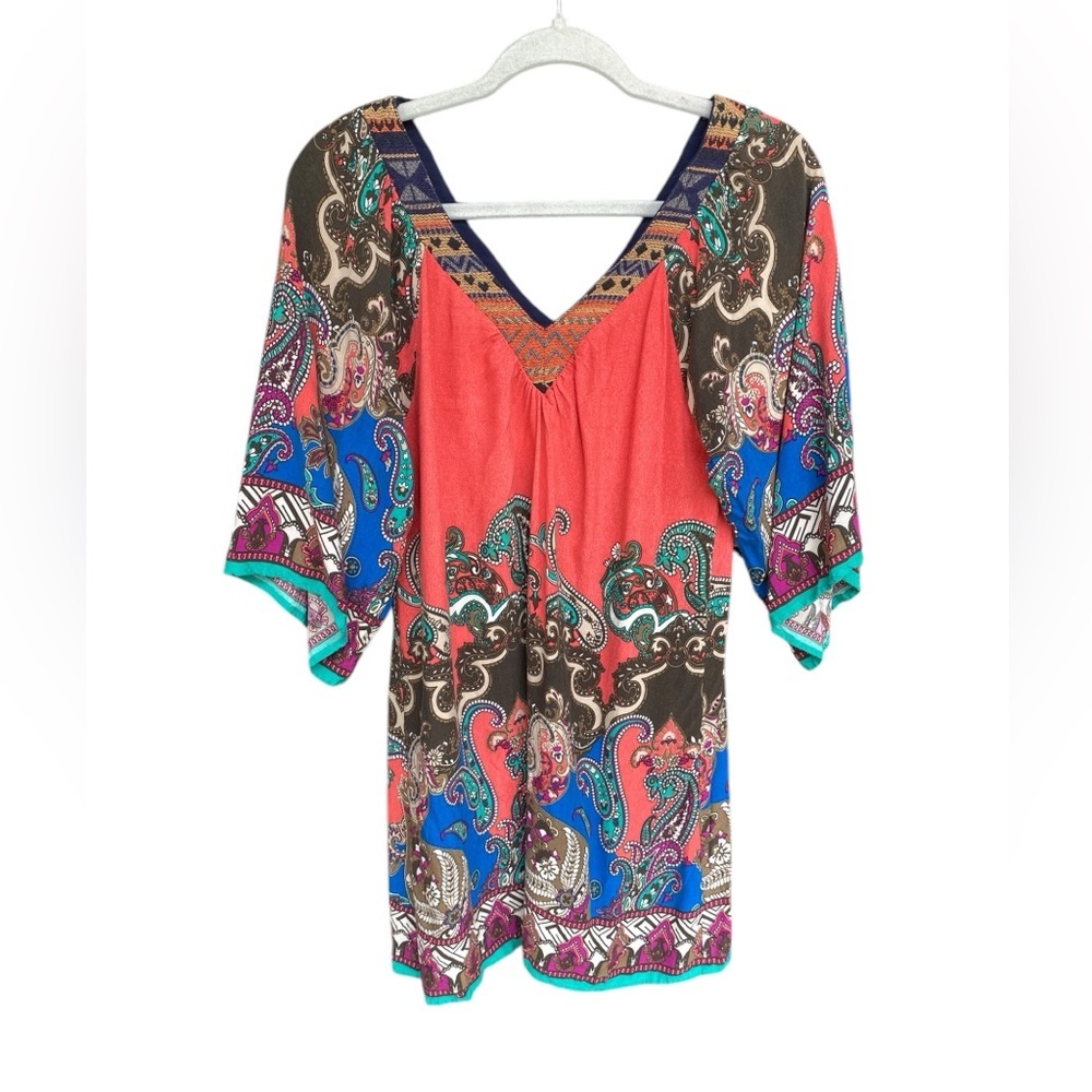 Flying Tomato Boho Paisley Bell Sleeve Dress Tie Back Tassel Womens Size Medium
